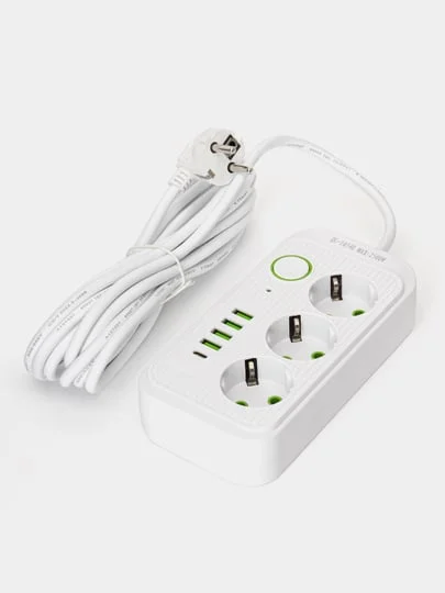Удлинитель сетевой, фильтр 3 метра, 3 розетки с 4 USB и 1 Type-C портами и кнопкой