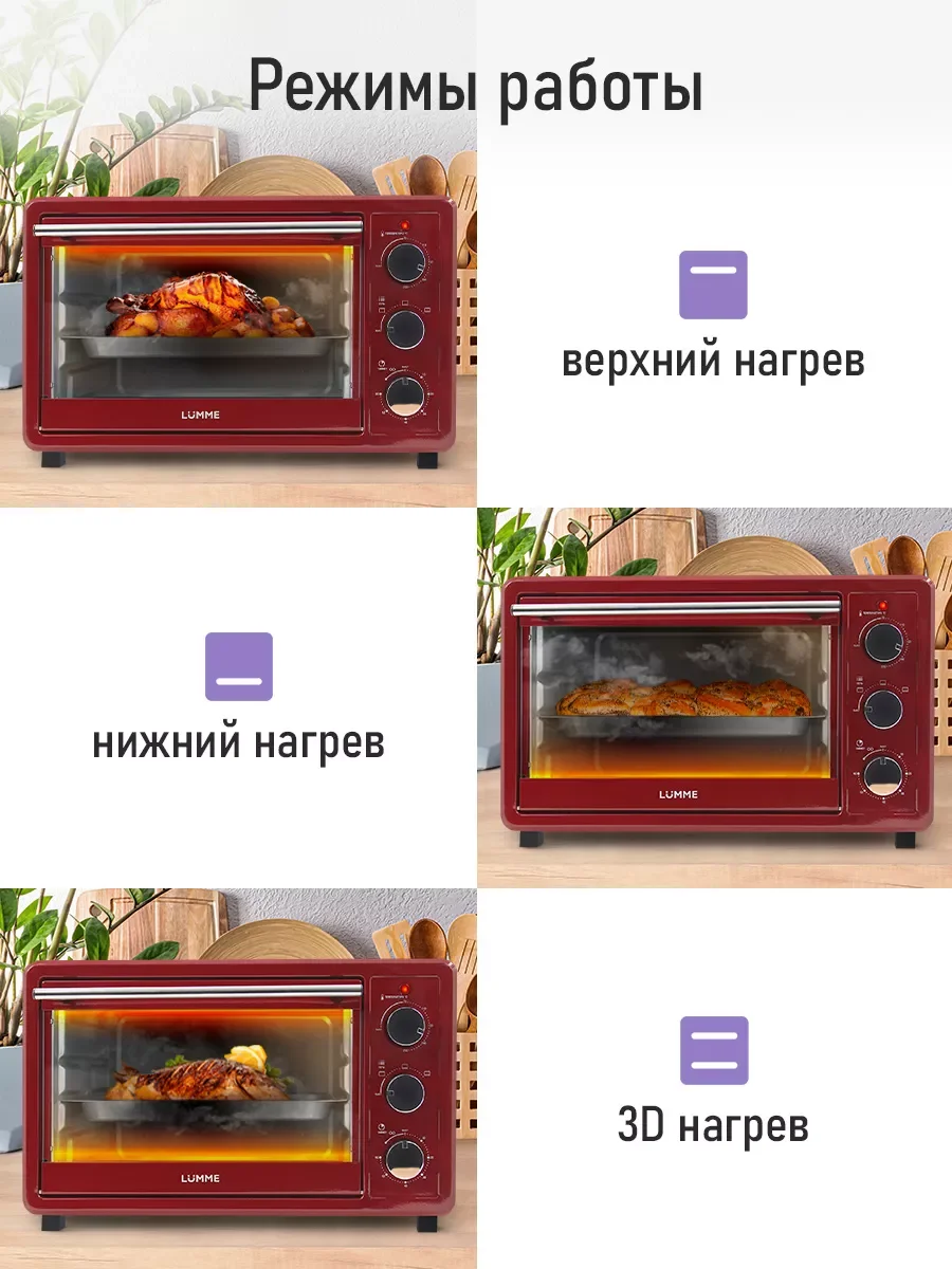 Прозрачный духовой шкаф (Мини-печь) LUMME LU-EO1715A (30 литров, ГРИЛЬ) красный рубин