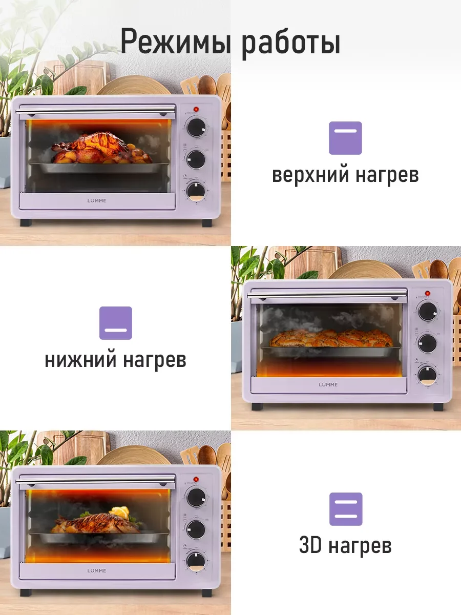 Белый духовой шкаф LUMME LU-EO1715A /1800 Вт/ Объем: 30 л/ 4 нагревательных элемента/ 3 режима