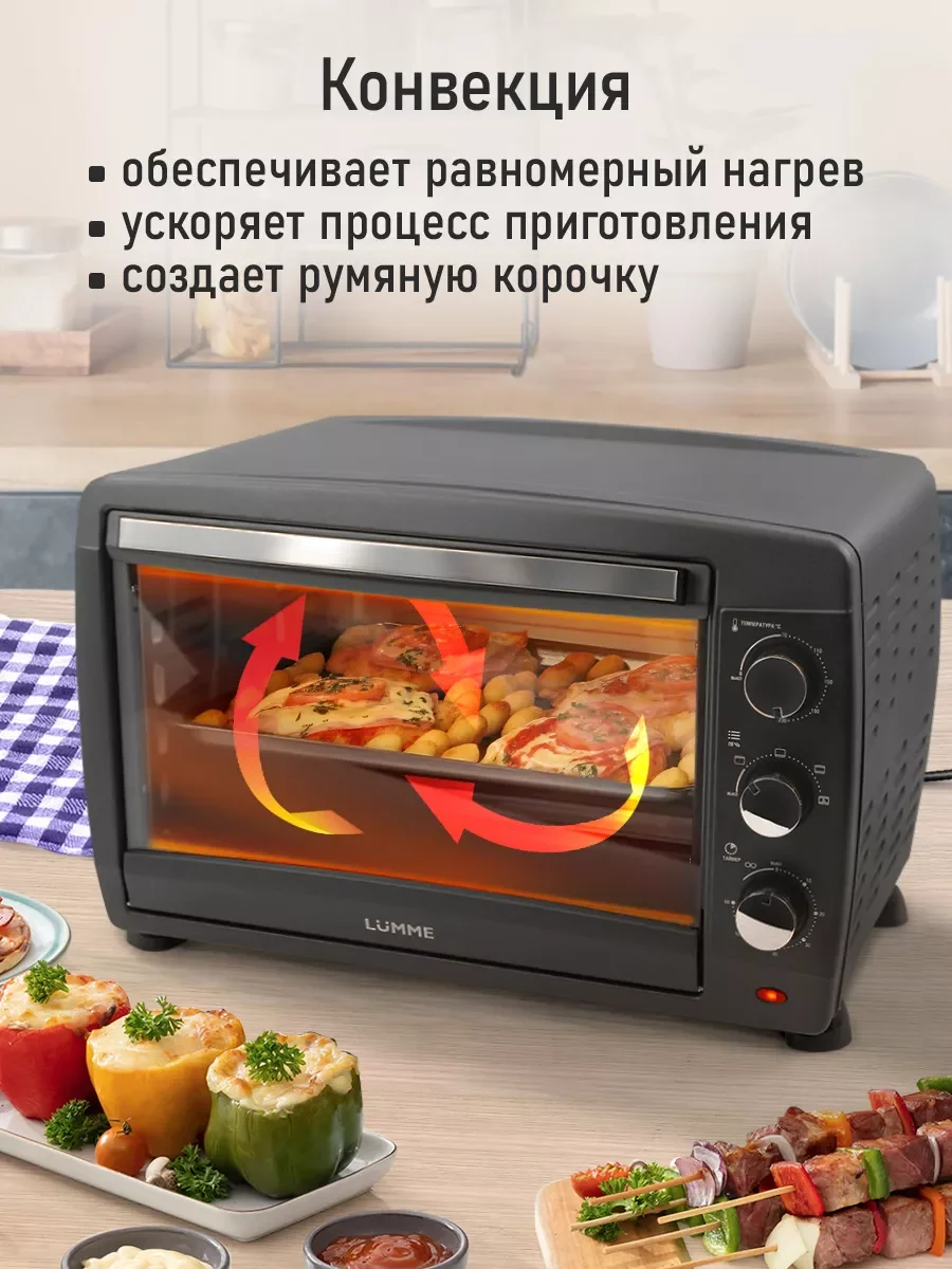 Серый духовой шкаф (Мини-печь) LUMME LU-EO1717A (50 литров, КОНВЕКЦИЯ + ГРИЛЬ) серебряный сапфир
