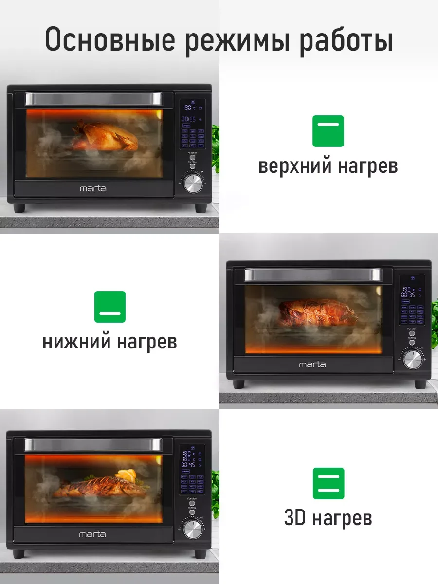 Черный духовой шкаф MARTA MT-EO4294A / 2500Вт/ 32л/ Функция Аэрогриль/ Конвекция/ черный жемчуг