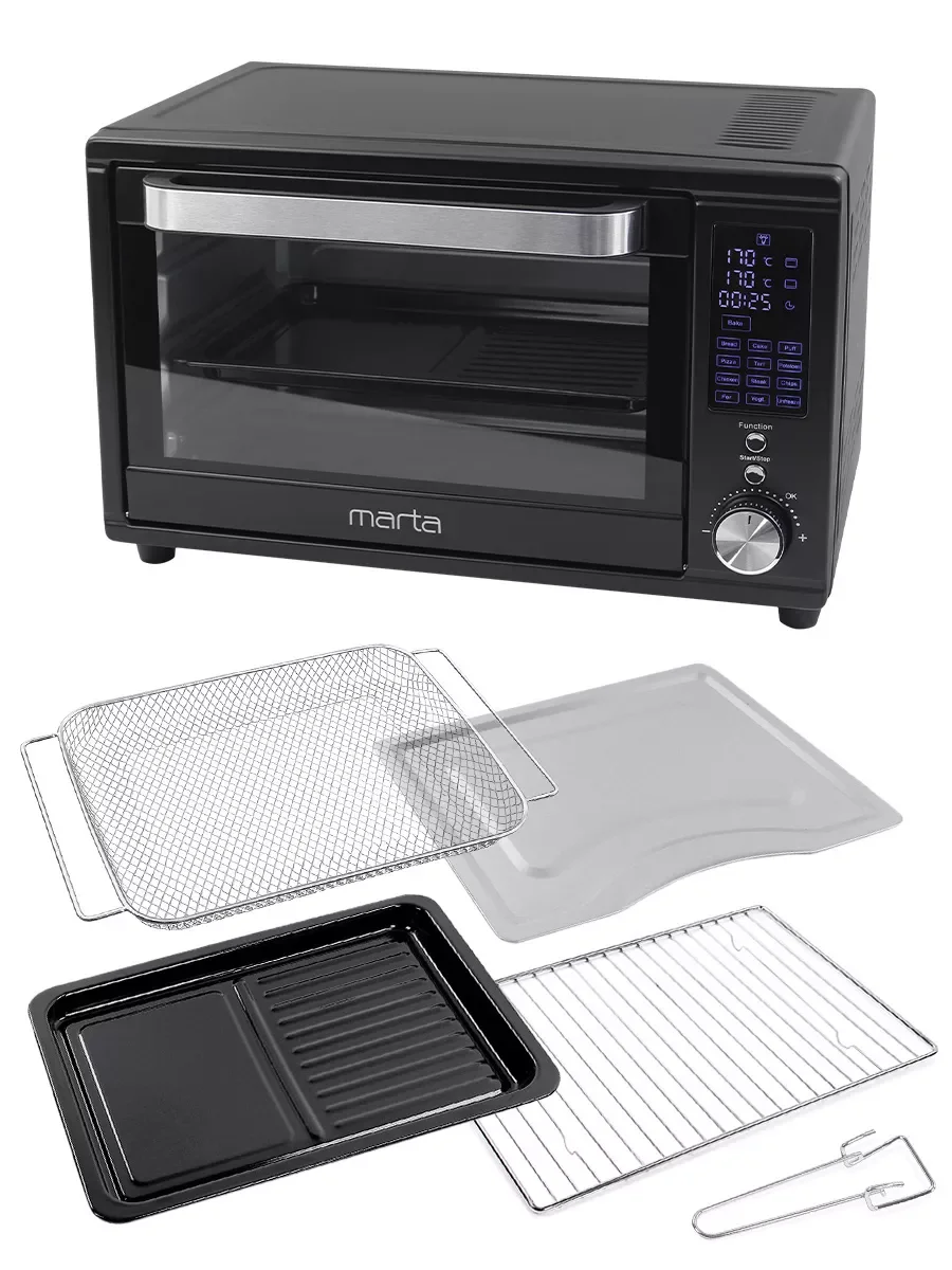 Черный духовой шкаф MARTA MT-EO4294A / 2500Вт/ 32л/ Функция Аэрогриль/ Конвекция/ черный жемчуг