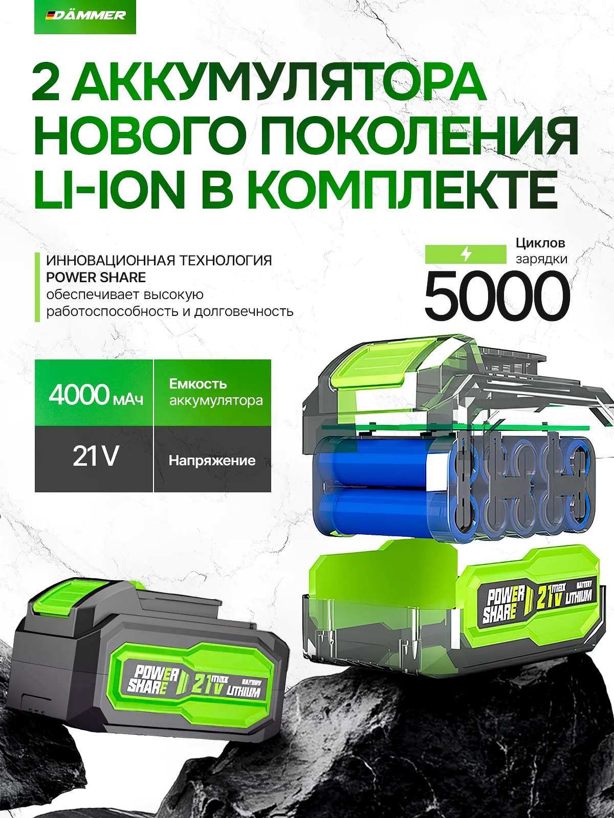 Зеленый гайковерт аккумуляторный бесщеточный ударный DAMMER, 21V