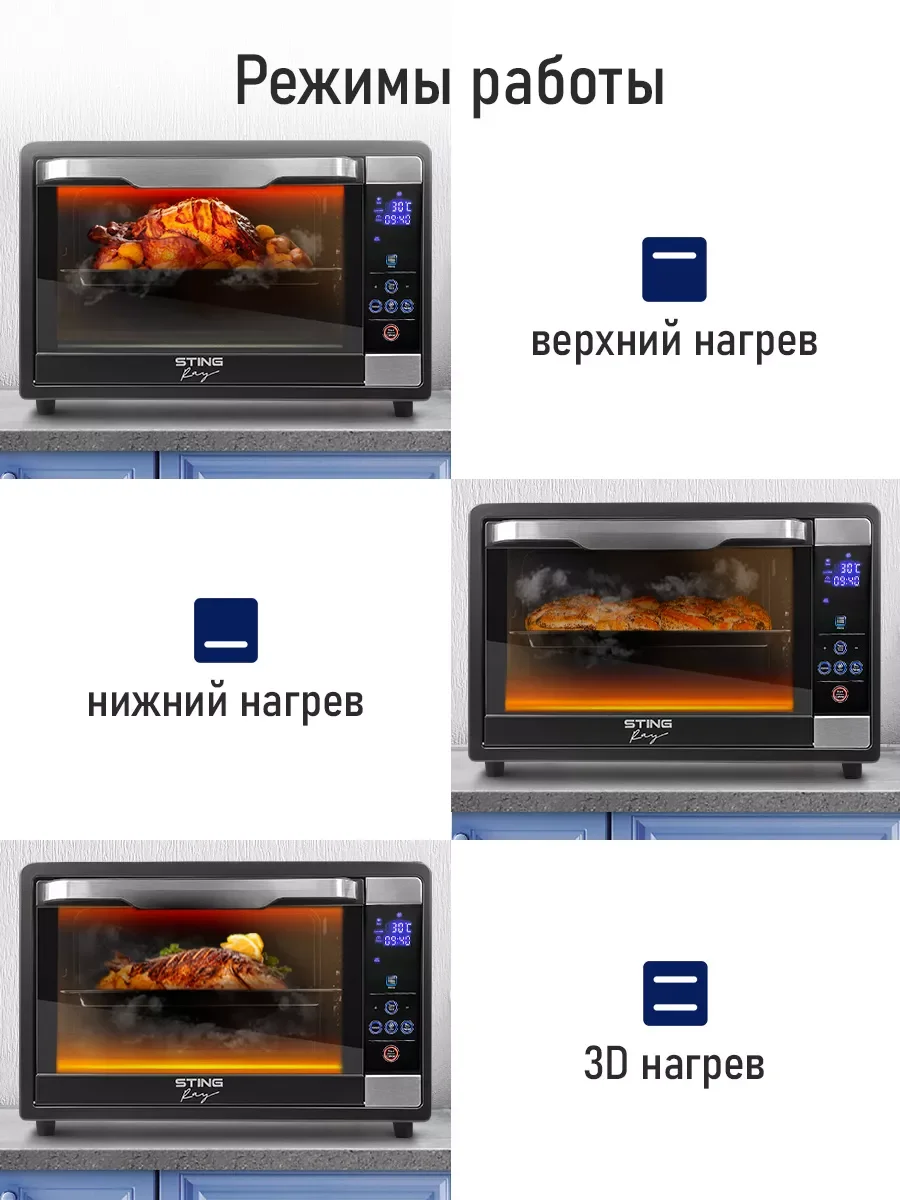 Черный духовой шкаф STINGRAY ST-EO111A черный/сталь(65литров, сенсор+конвекция+шашлычница+вертел)
