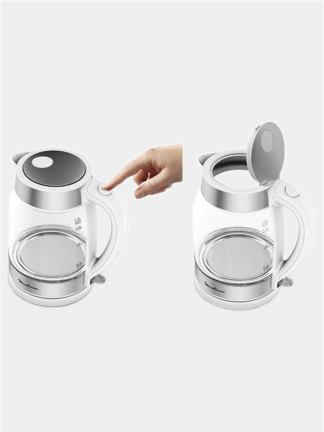 Электрочайник Moulinex(Tefal) Glass BY600130 серебристый/белый