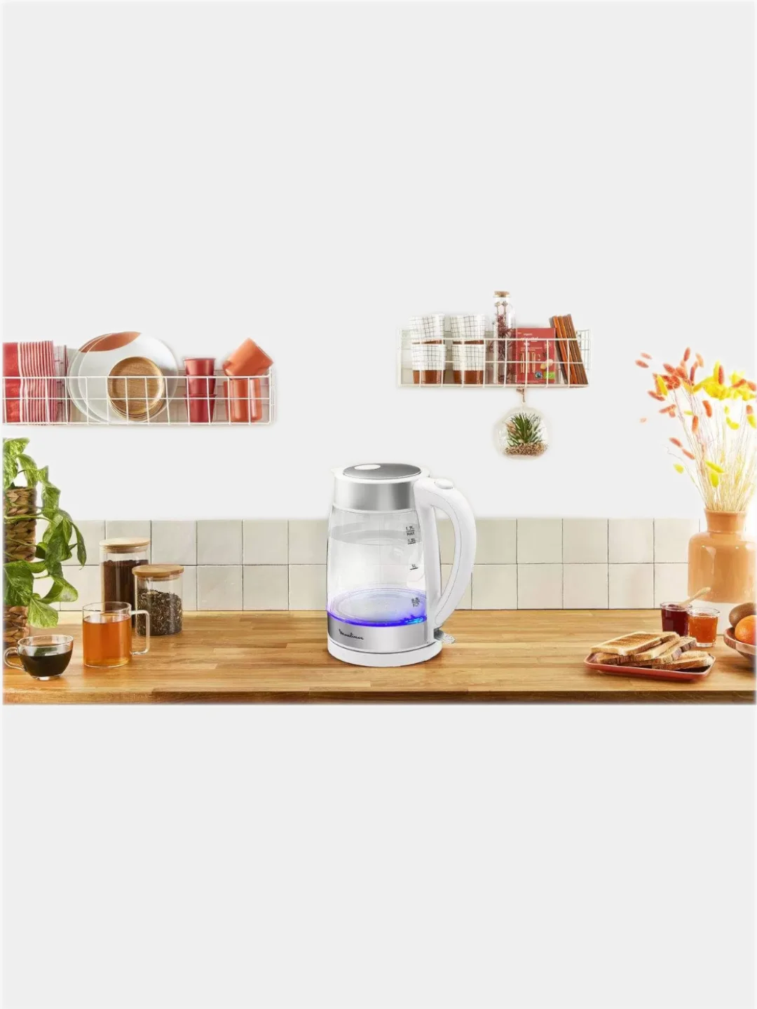 Электрочайник Moulinex(Tefal) Glass BY600130 серебристый/белый
