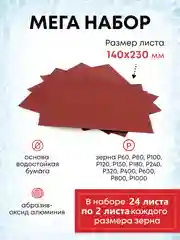 Водостойкая наждачная бумага набор 140х230 мм, 24 листа