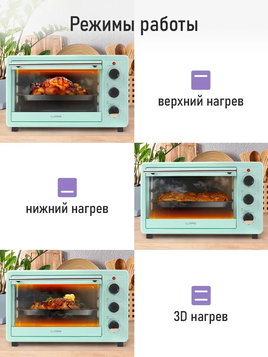 Бирюзовый духовой шкаф LUMME LU-EO1715A/1800 Вт/ Объем: 30 л/ 4 нагревательных элемента/ 3 режима
