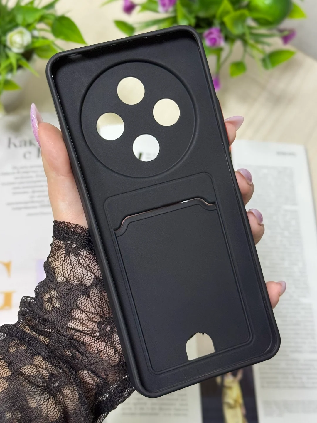 Черный чехол для Redmi 14C, Poco C75, с карманом для карты