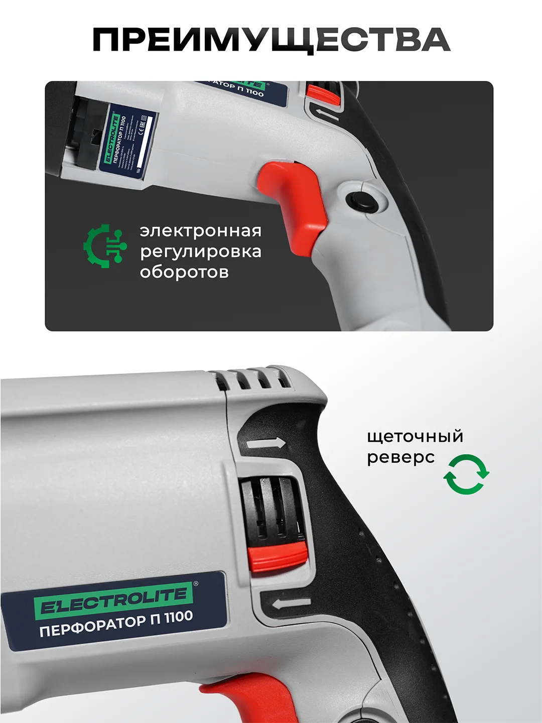 Перфоратор электрический ELECTROLITE П 1100 (1100 Вт, 4 Дж, SDS+, длина кабеля 2 м, 3 режима)