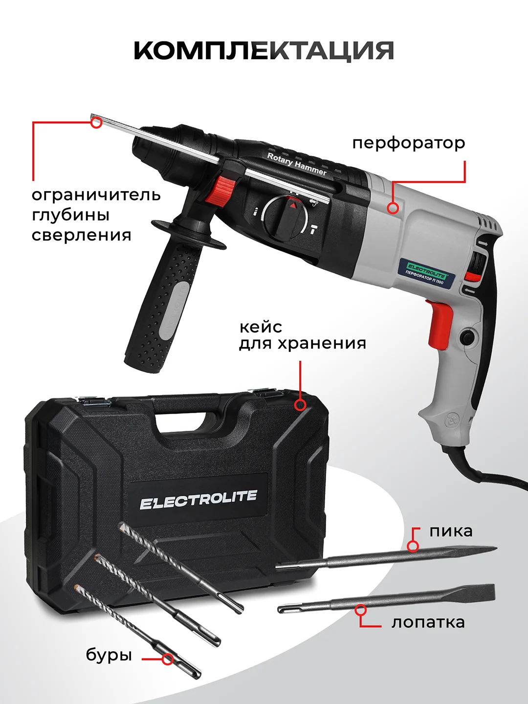 Перфоратор электрический ELECTROLITE П 1100 (1100 Вт, 4 Дж, SDS+, длина кабеля 2 м, 3 режима)