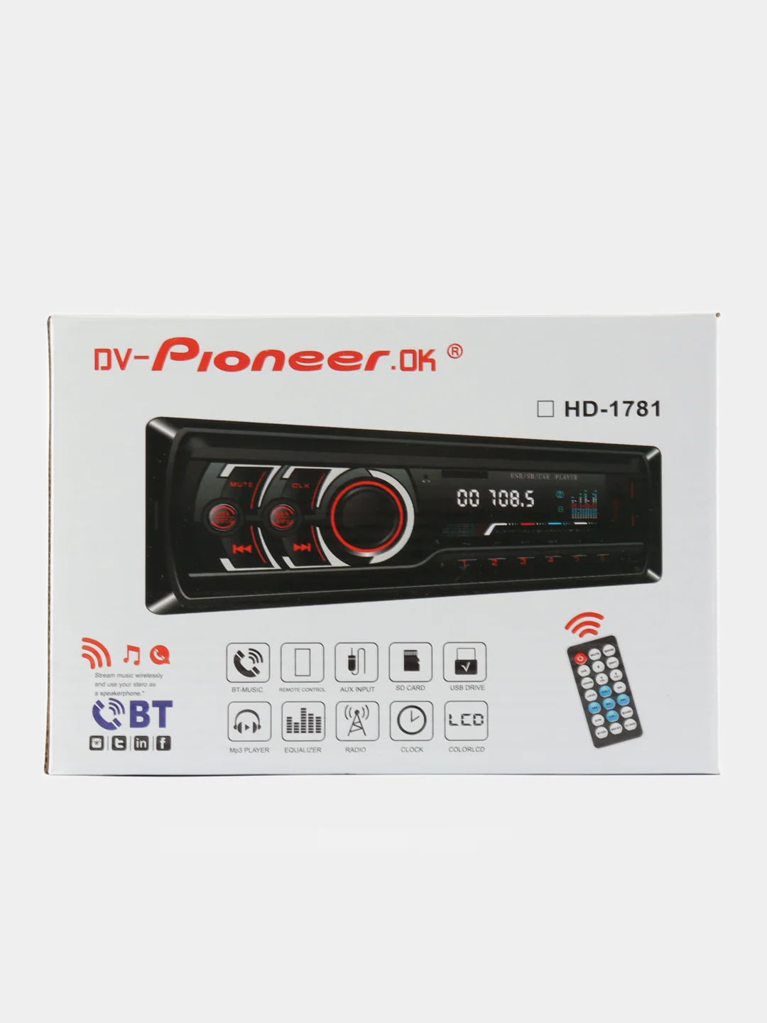 Автомагнитола Pioneer 1 DIN с пультом ДУ, Bluetooth, USB, AUX