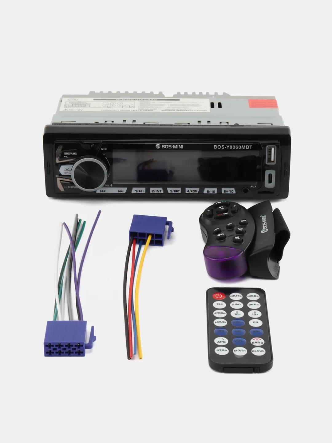 Автомагнитола BOS-MINI 1 DIN с пультом ДУ, Bluetooth, USB, AUX