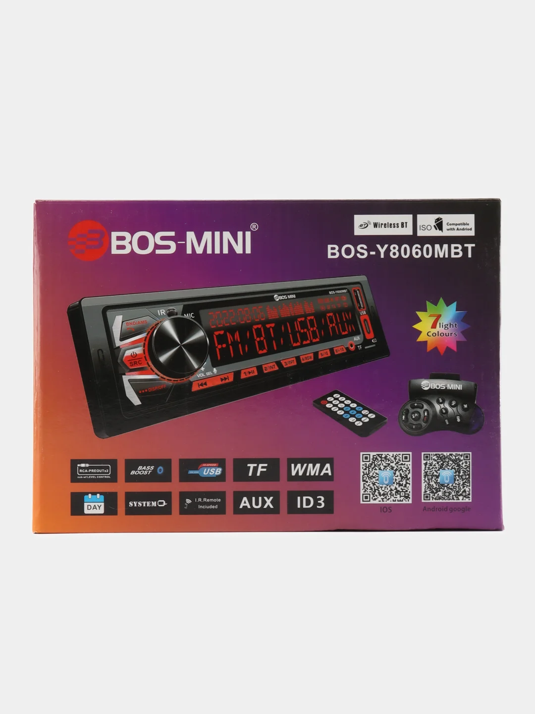 Автомагнитола BOS-MINI 1 DIN с пультом ДУ, Bluetooth, USB, AUX