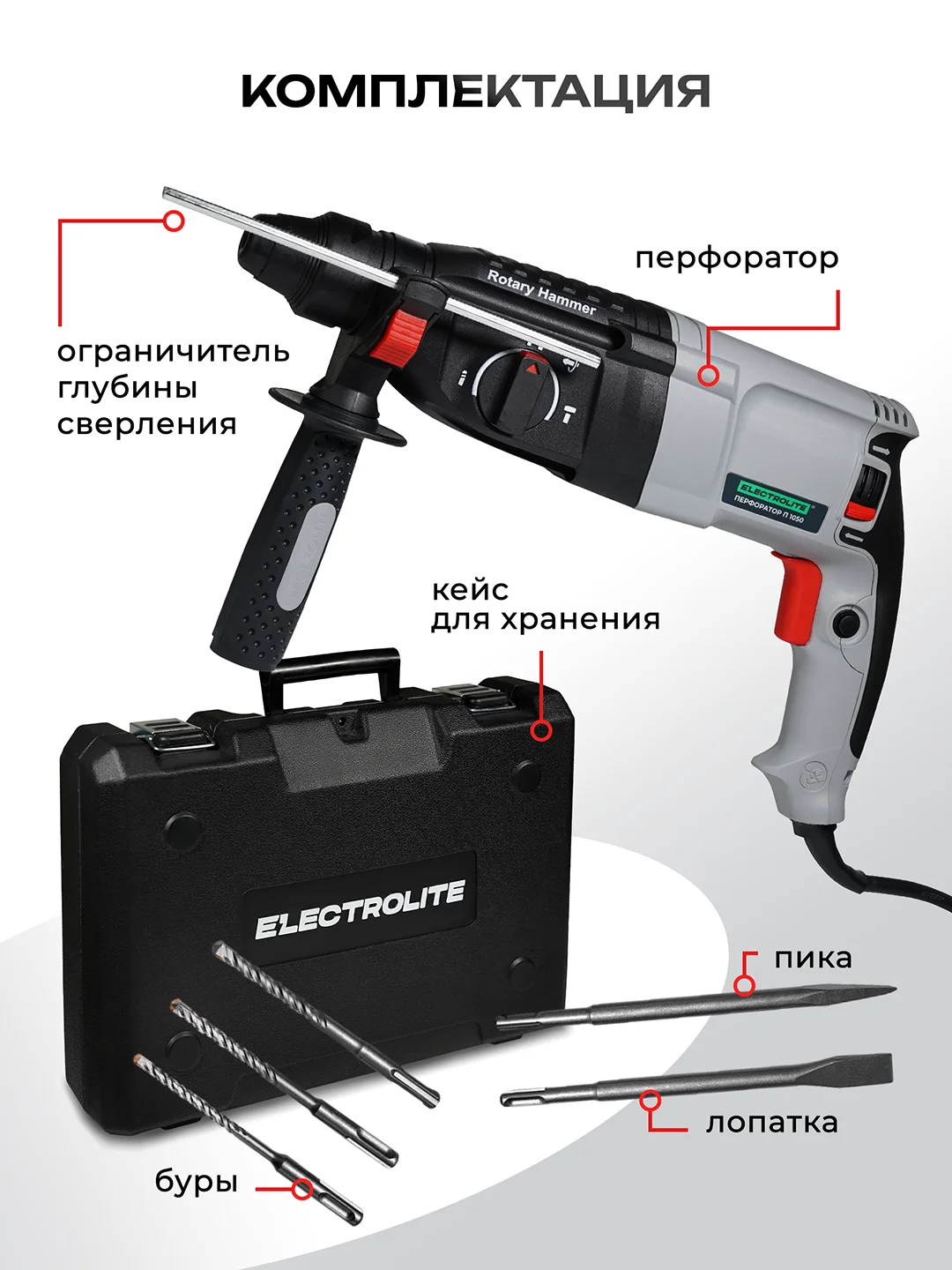 Перфоратор электрический ELECTROLITE П 1050 (1050 Вт, 4 Дж, 3 режима, SDS+, кейс, набор буров)