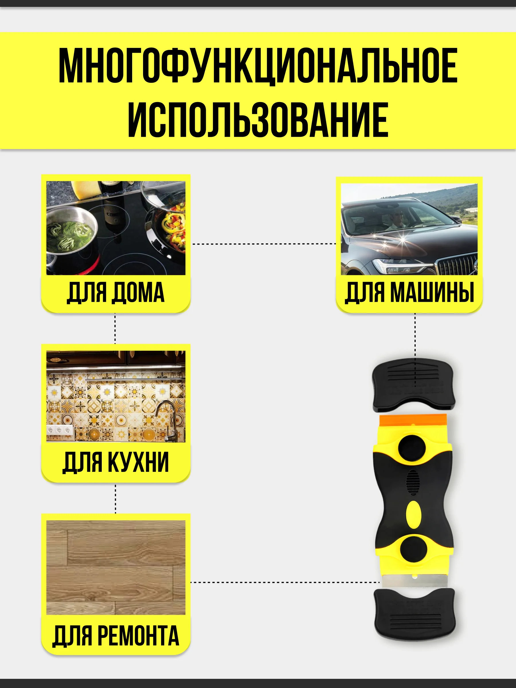 Желтый двухсторонний скребок для уборки плитки стекла стеклокерамики , 8 запасных лезвий