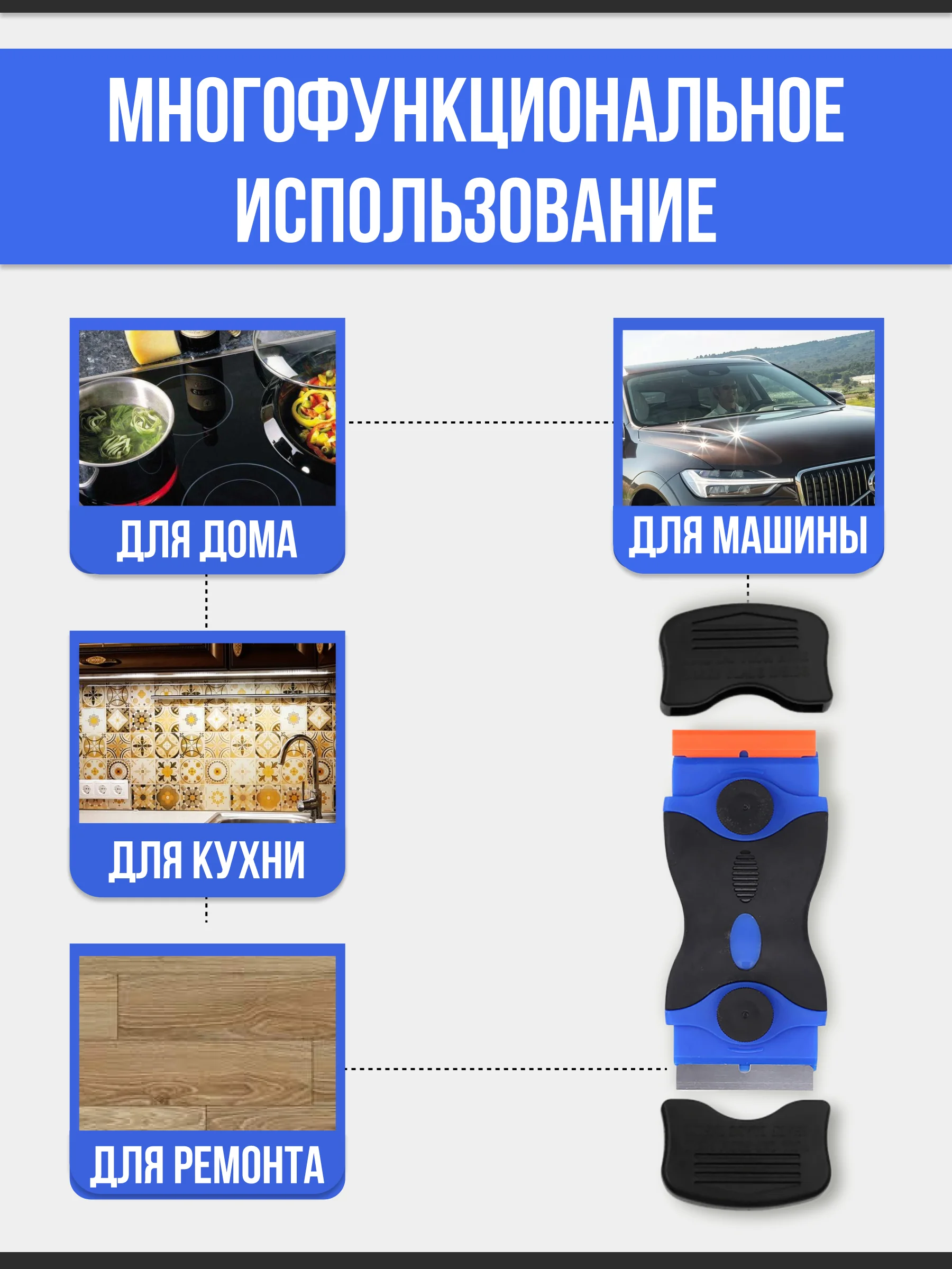 Синий двухсторонний скребок для уборки плитки стекла стеклокерамики , 8 запасных лезвий