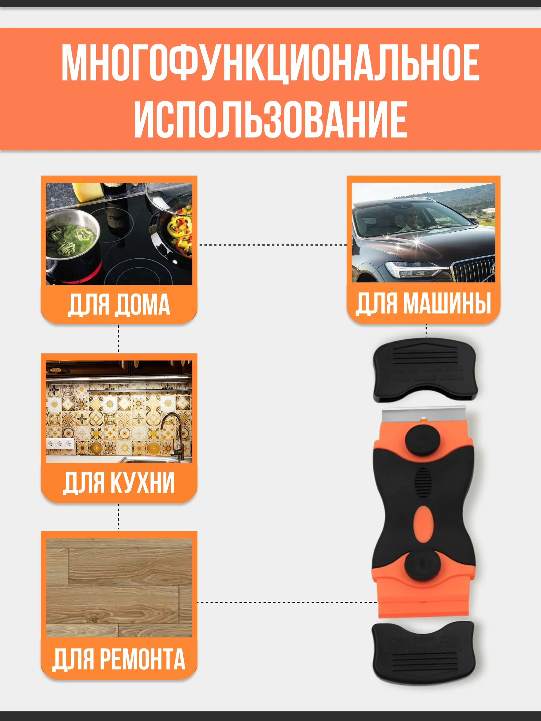 Оранжевый двухсторонний скребок для уборки плитки стекла стеклокерамики , 8 запасных лезвий