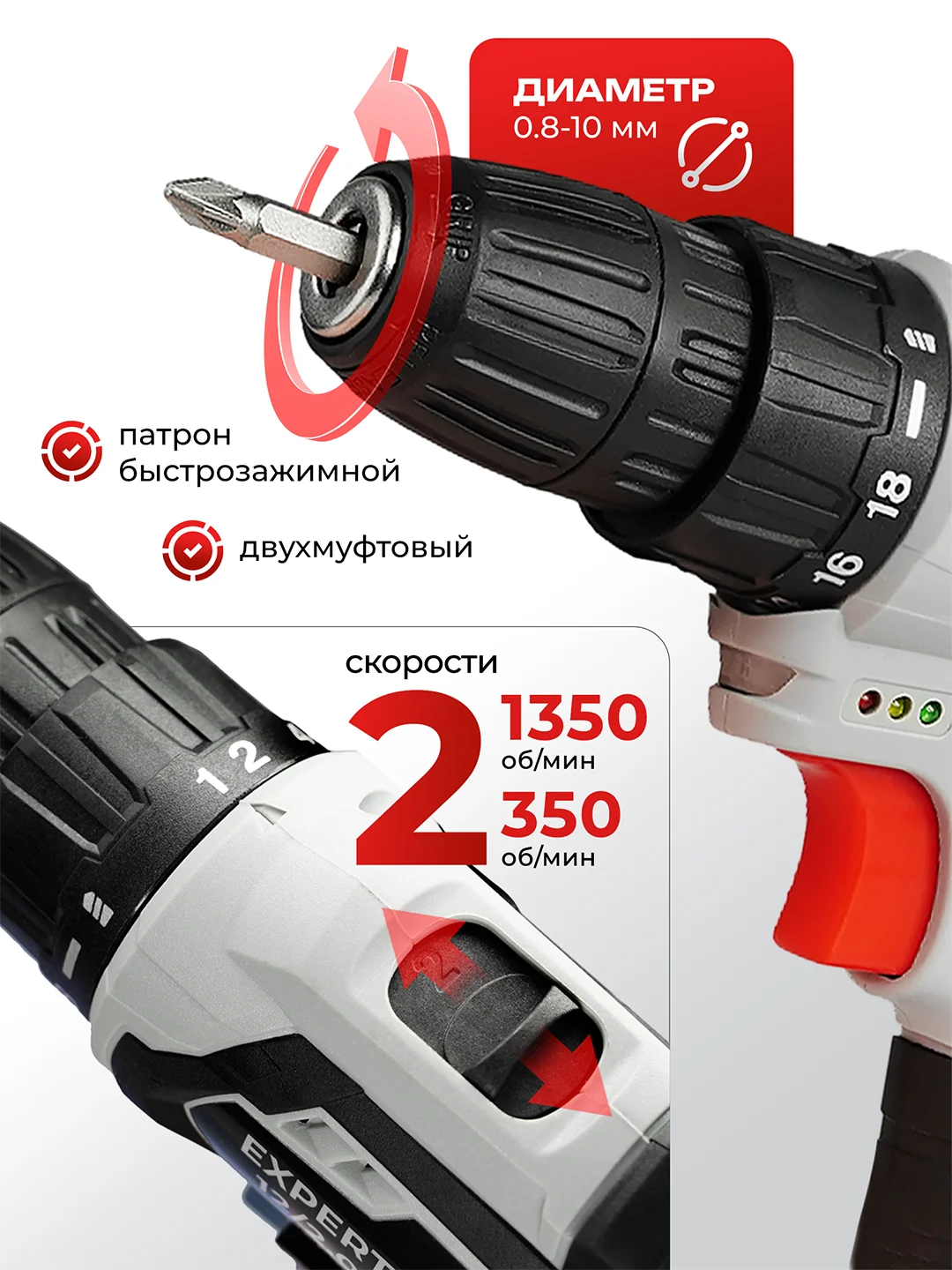 Аккумуляторная дрель-шуруповерт Electrolite EXPERT 12/2.0 22 Нм, 2 Ач, кейс, 2 акб