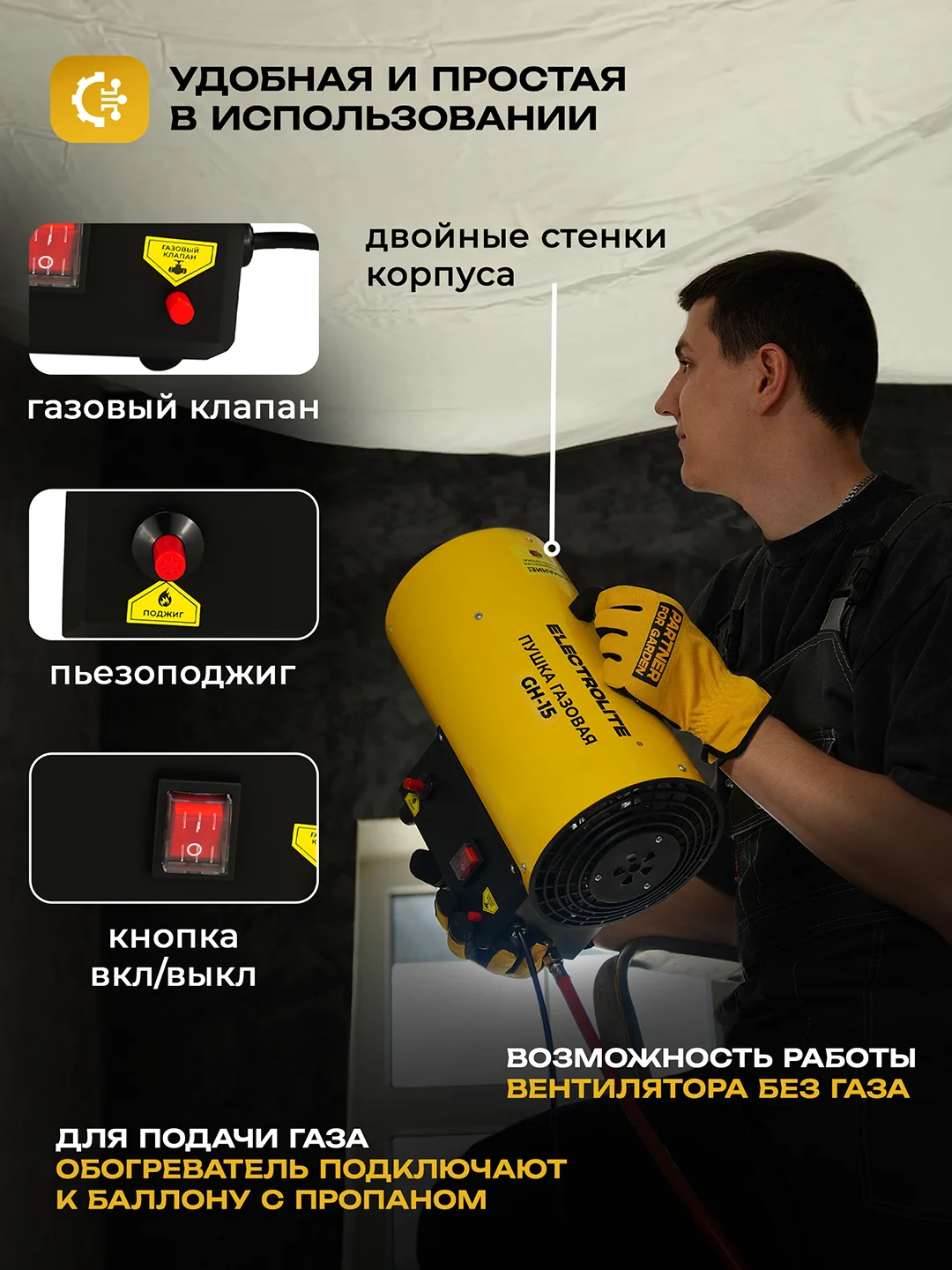 Тепловая пушка газовая ELECTROLITE GH-15 (15 кВт, 400 м3, ПРОПАН/БУТАН, обогрев до 150 м2)