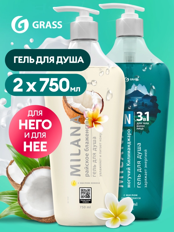 Подарочный набор для него и для неё Гель для душа Milana Кокос+Могучий Килиманджаро 1,5л