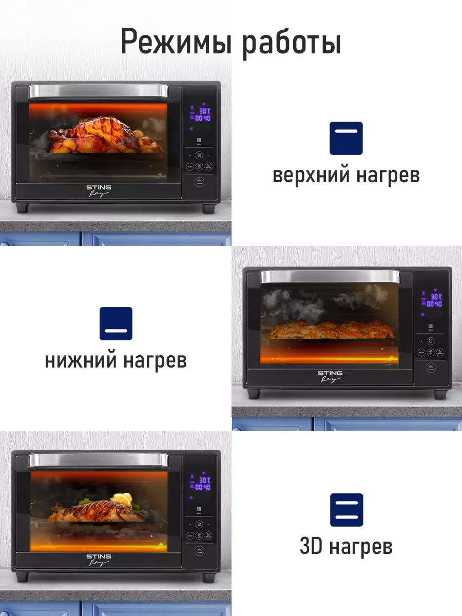 Черный духовой шкаф STINGRAY ST-EO104A (30 литров, 8 режимов + сенсор + конвекция + вертел)