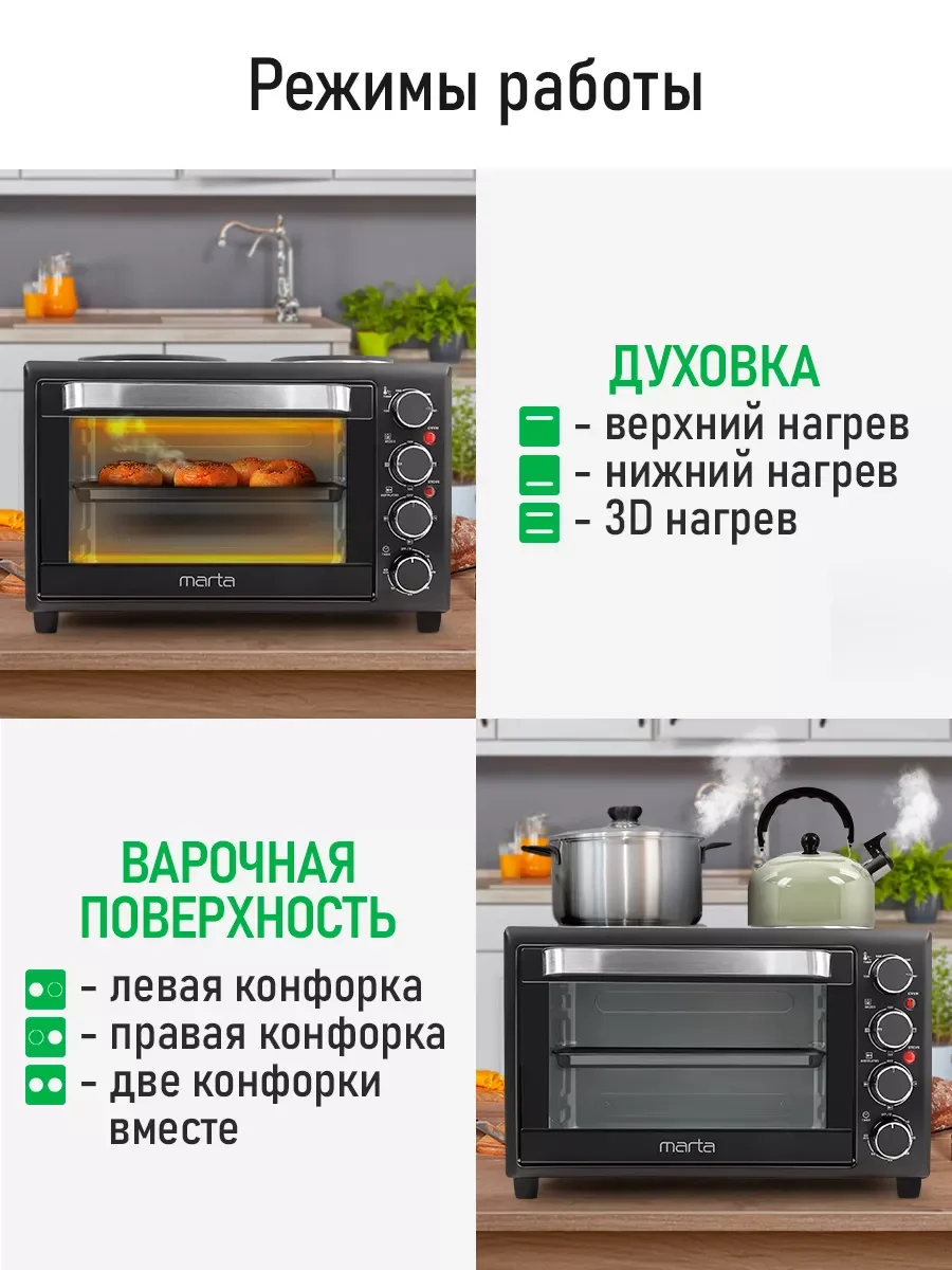 Черный духовой шкаф с варочной поверхностью MARTA MT-EO4431A (30 литров, 3 режима + вертел)