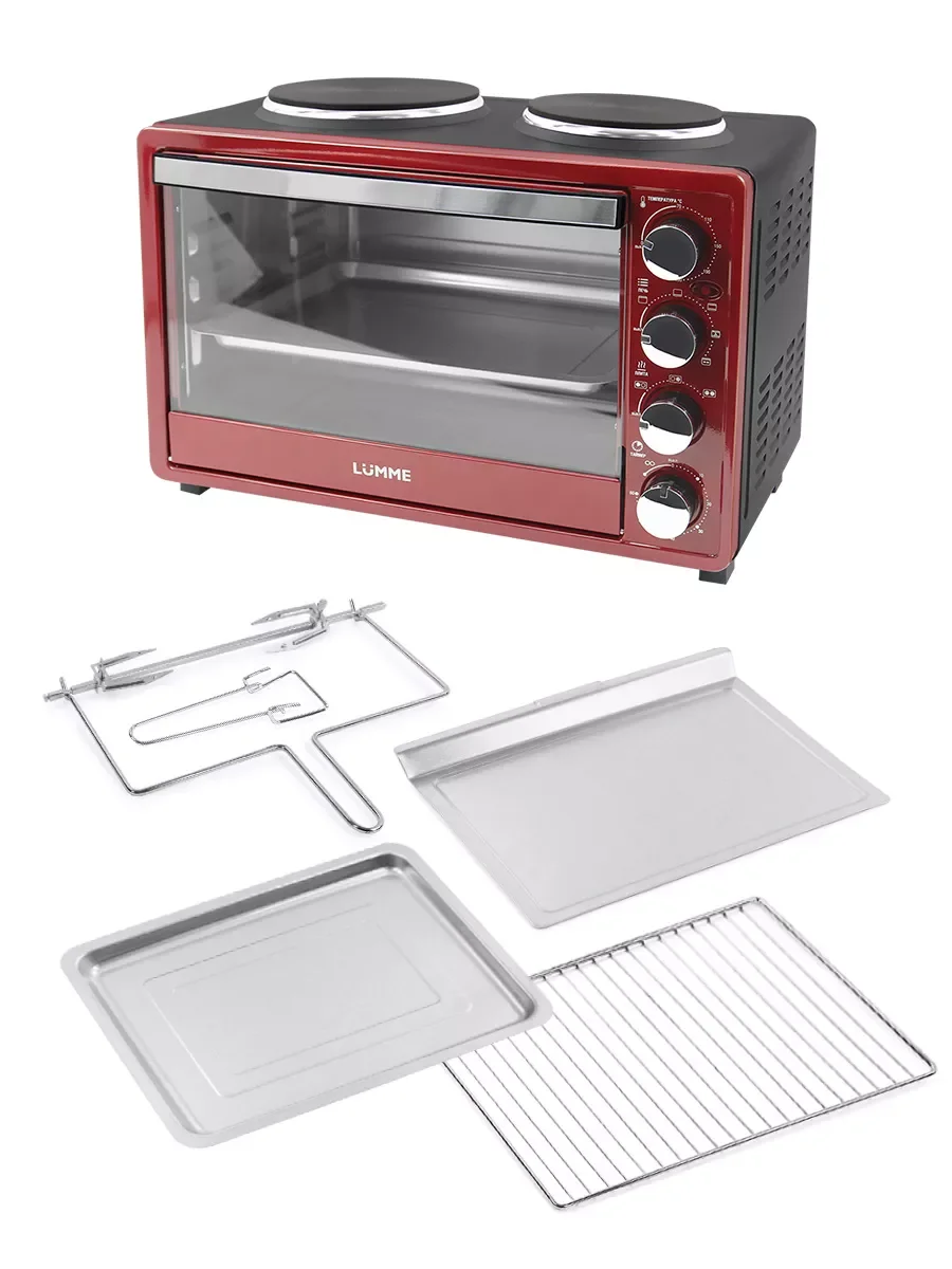 Бордовый духовой шкаф LUMME LU-EO1712B/2000 Вт/ Объем 40л/ 4 нагр-х элемента/ 5 режимов работы