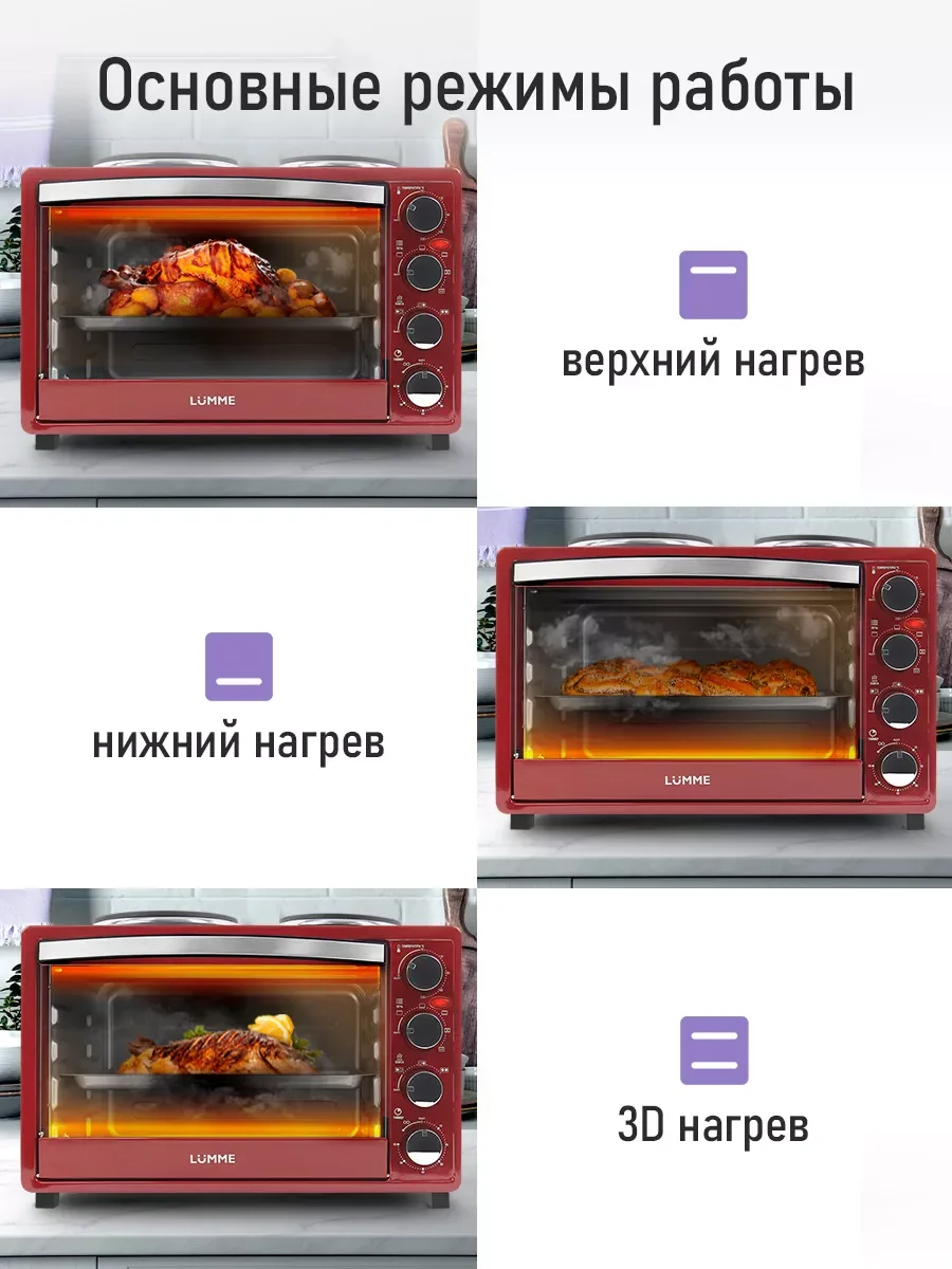 Бордовый духовой шкаф LUMME LU-EO1712B/2000 Вт/ Объем 40л/ 4 нагр-х элемента/ 5 режимов работы