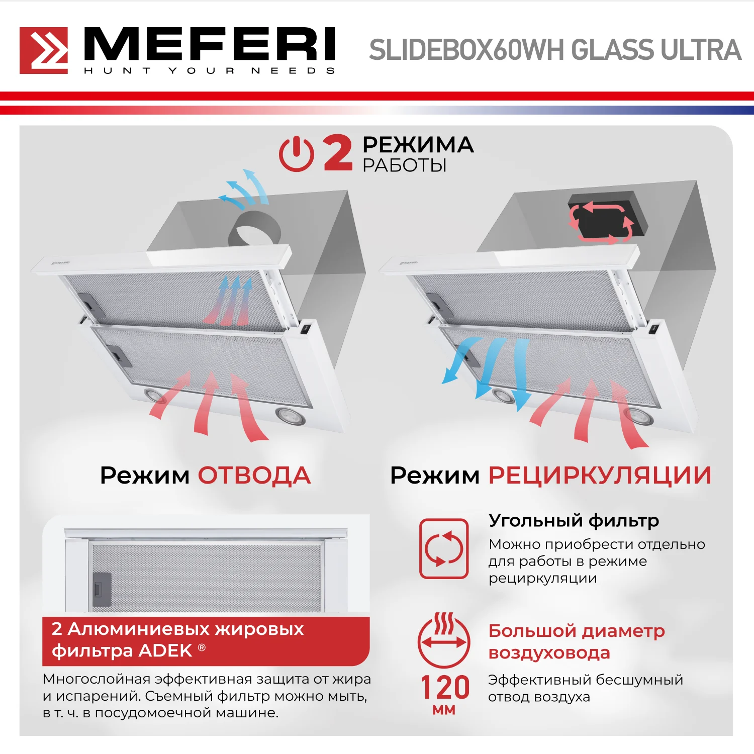 Телескопическая вытяжка MEFERI SLIDEBOX60WH GLASS ULTRA, 60 см, белый