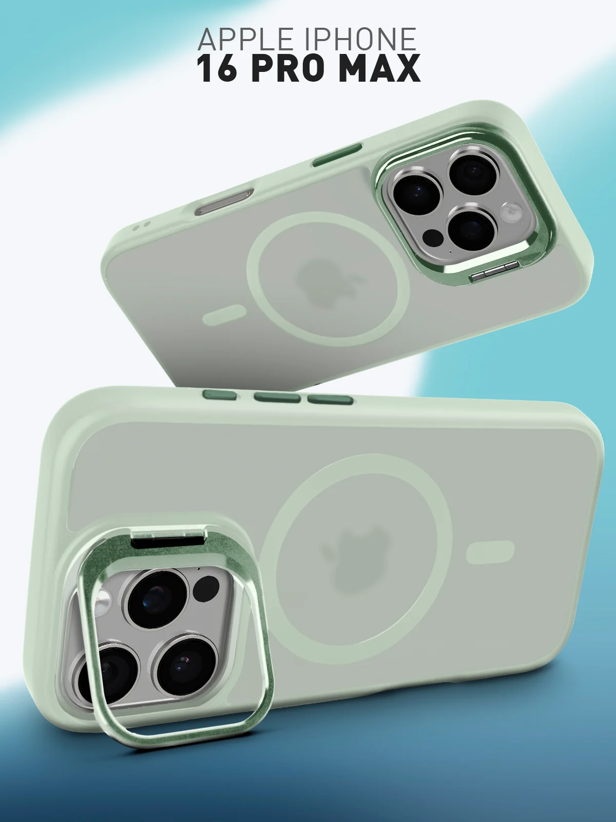 Мятный чехол MagSafe для iPhone 16 Pro Max с подставкой ROSCO, пластиковый с силиконом и магнитом