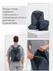 Темно-синий комплект: рюкзак, сумка, клатч. Унисекс Md.6001
