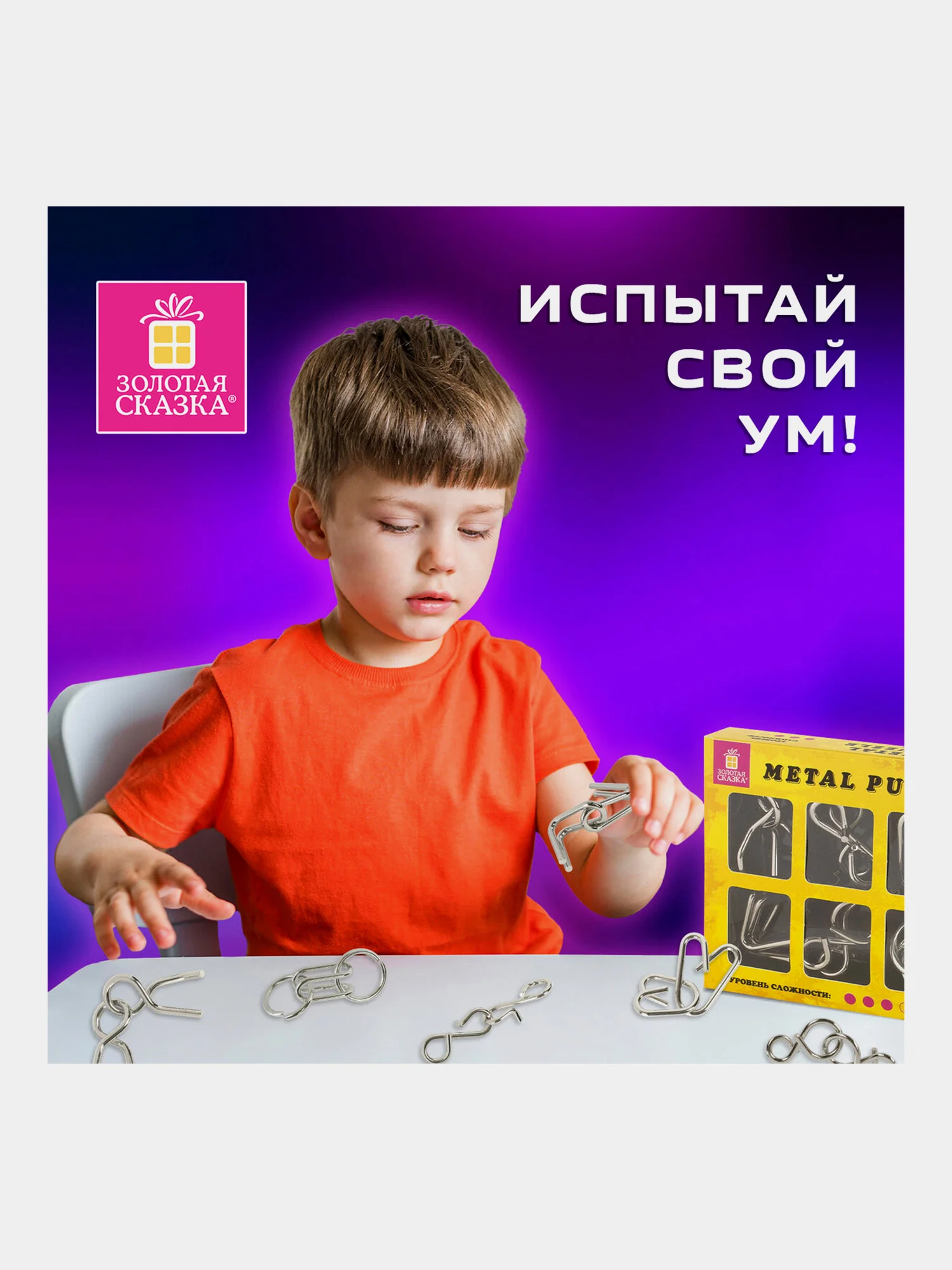 Головоломки металлические ЗОЛОТАЯ СКАЗКА (уровень сложности "ЛЮБИТЕЛЬ"), набор 6 штук