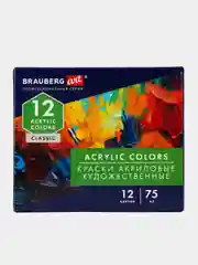 Акриловые краски глянцевые акрил набор 12 цветов по 75 мл в тюбиках, Brauberg Art Classic
