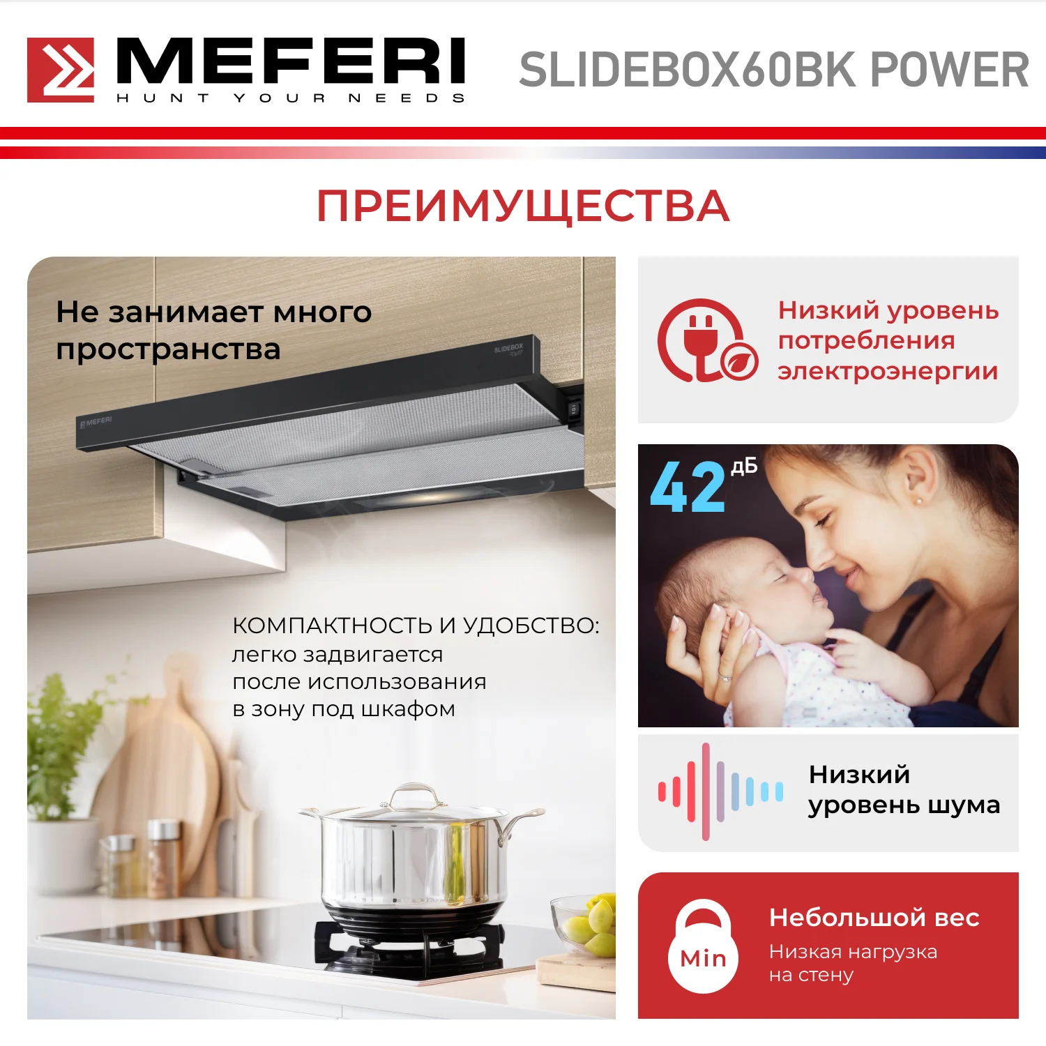 Телескопическая вытяжка на кухню встраиваемая MEFERI SLIDEBOX60BK POWER, 60 см, черный