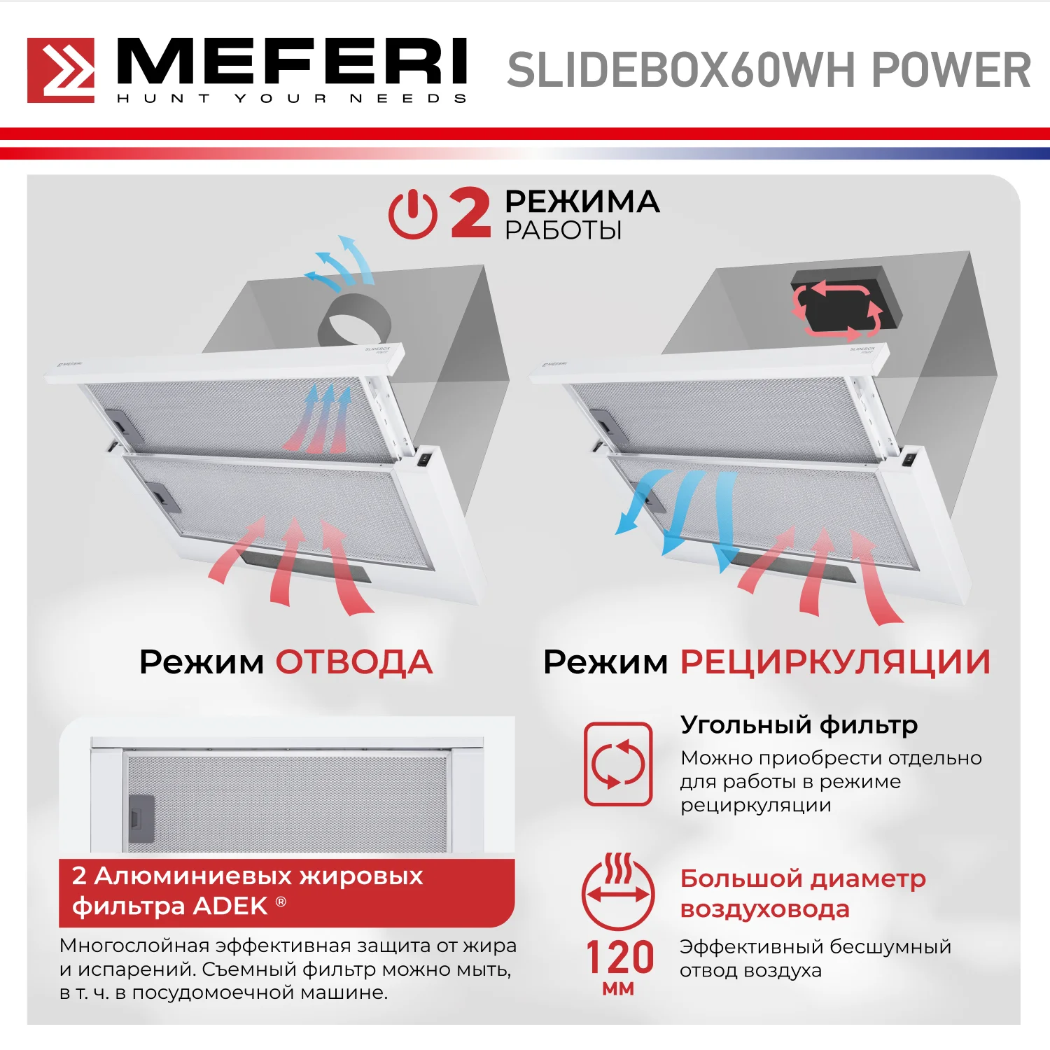 Телескопическая вытяжка MEFERI SLIDEBOX60WH POWER, 60 см, белая