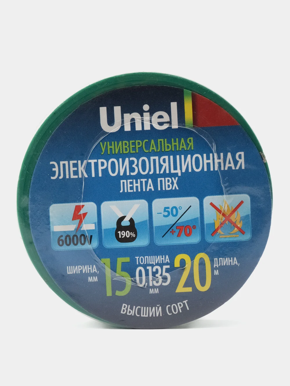 Зеленый изолента ПВХ, 15 мм x 20 м, Uniel