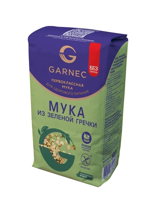 GARNEC Мука из непропаренной гречневой крупы Мука из зеленой гречки без глютена 500г