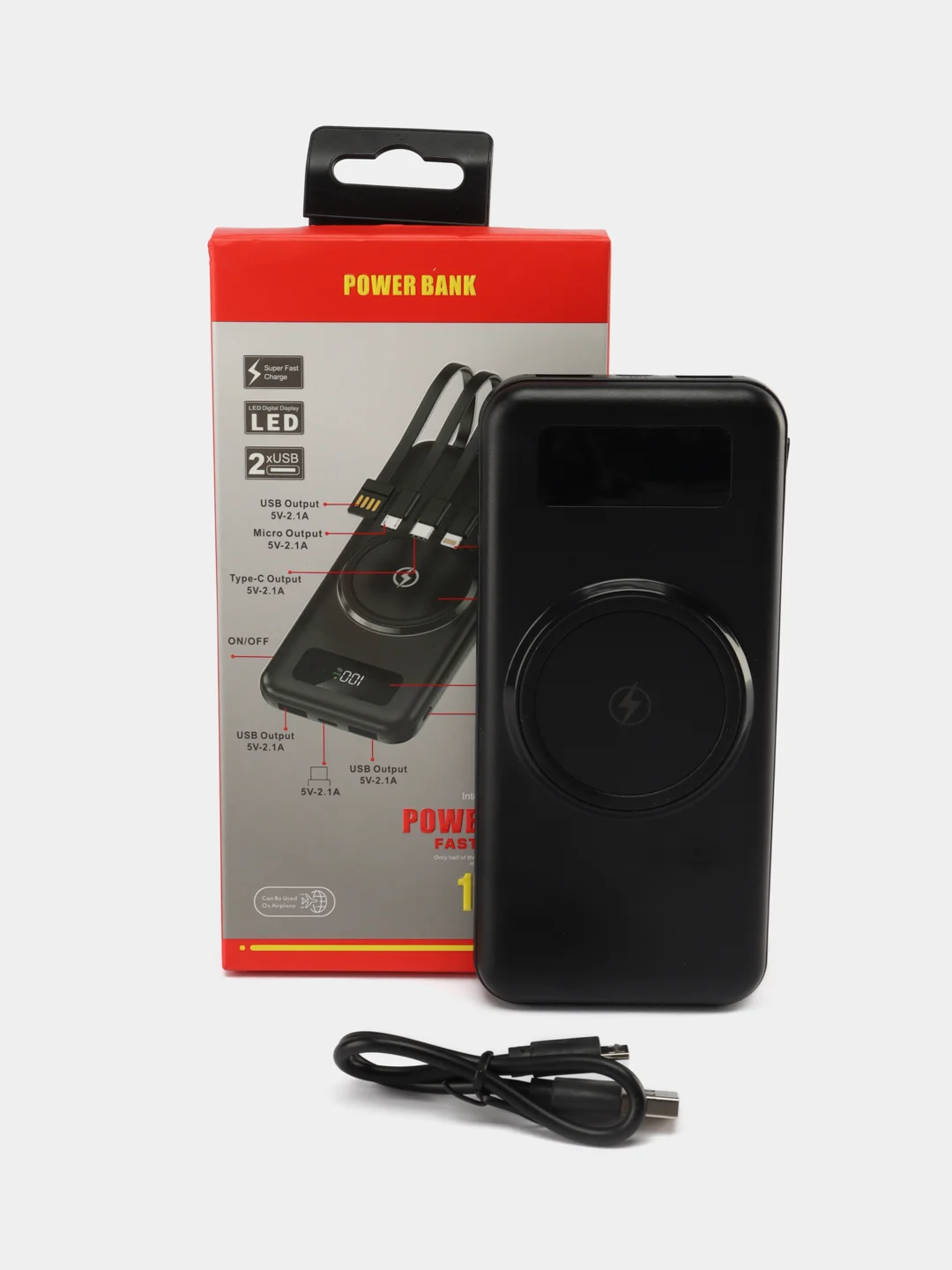 Черный power bank, внешний аккумулятор с быстрой и беспроводной зарядкой