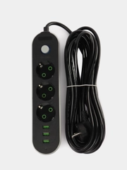 Сетевой фильтр 3 розетки, с 3-мя USB портами зарядки, удлинитель