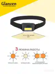 Синий светодиодный налобный фонарь с 3 режимами 3хААА GLANZEN UFL-0080-A001