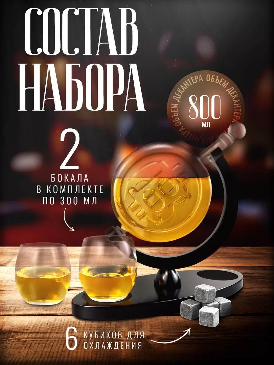 Черный декантер стеклянный для виски и вина, графин глобус