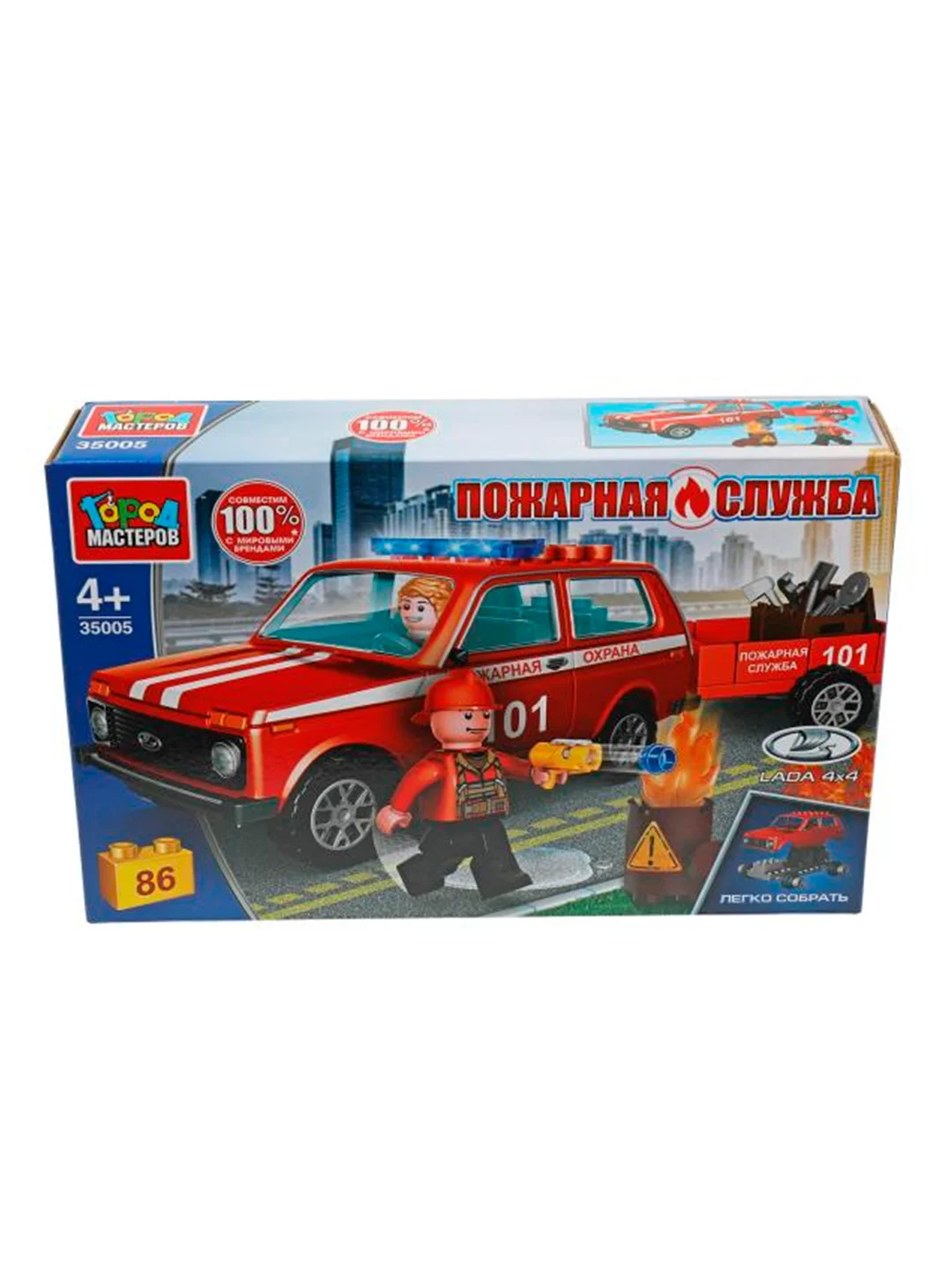 Конструктор Город мастеров Пожарная Lada 4x4 с прицепом, 86 деталей