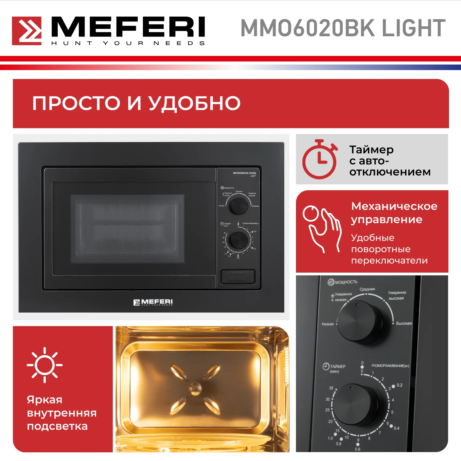 Встраиваемая микроволновая печь MEFERI MMO6020BK LIGHT, черный, 20л