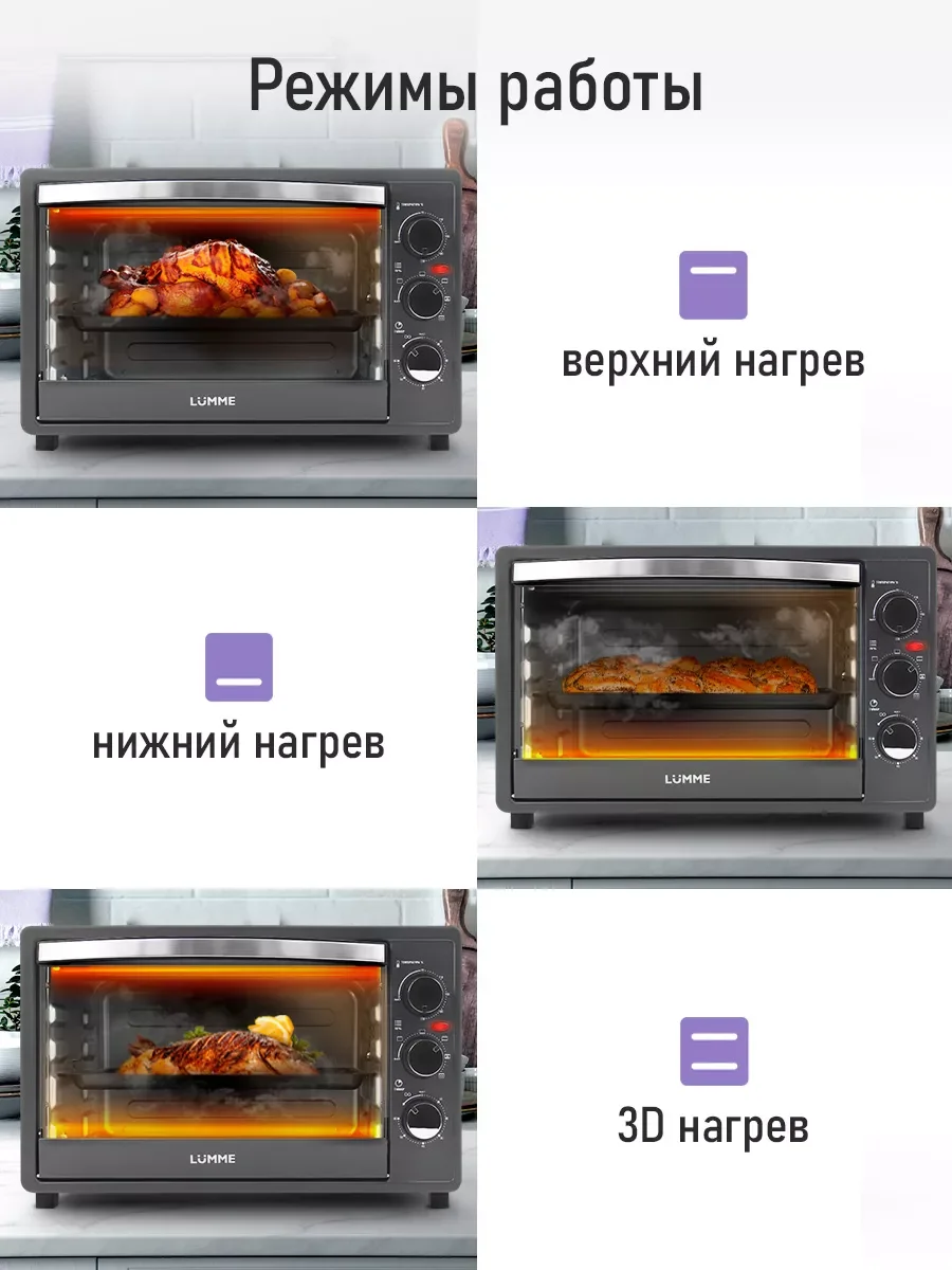 Серый духовой шкаф LUMME LU-EO1713A (40 литров, КОНВЕКЦИЯ + ВЕРТЕЛ + ГРИЛЬ) серебряный сапфир