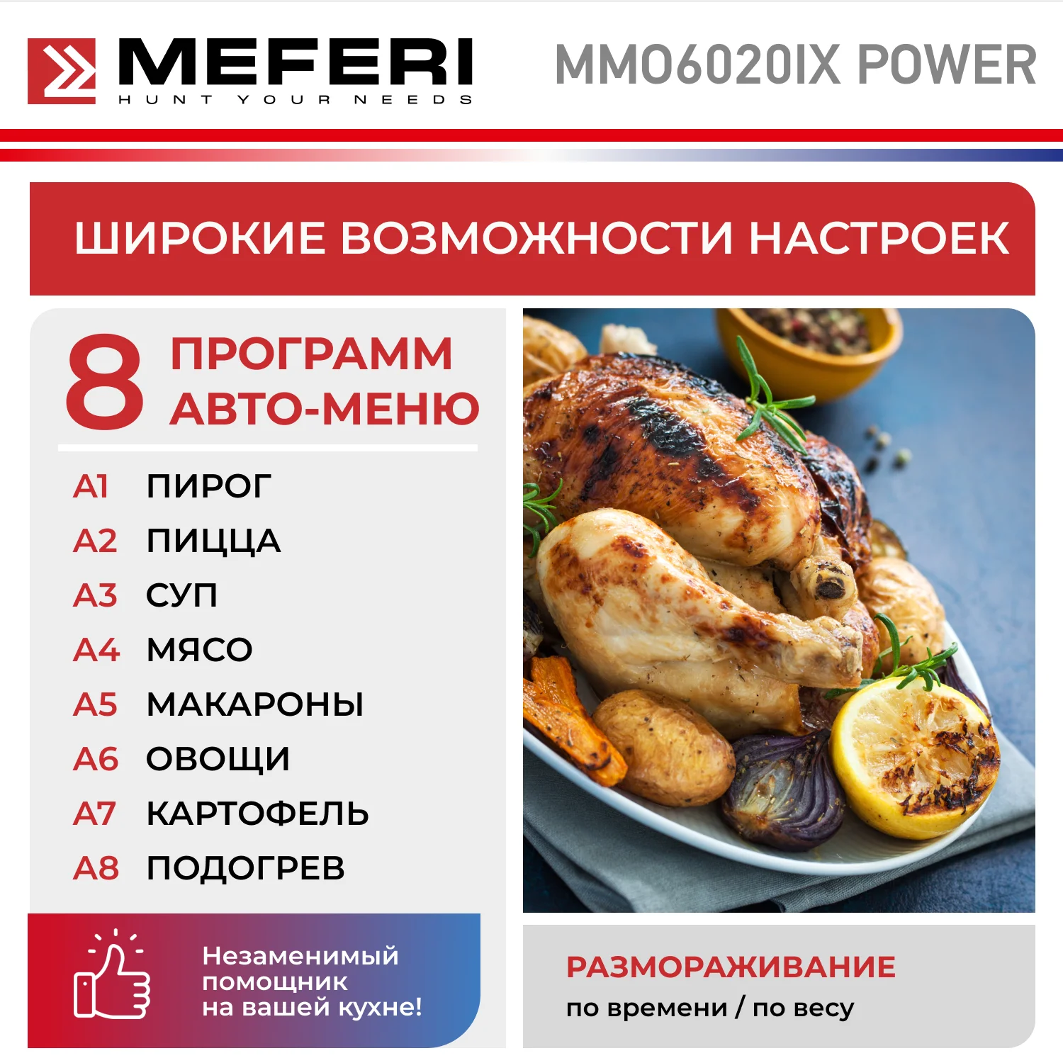 Встраиваемая микроволновая печь MEFERI MMO6020IX POWER, серебристый, 20л