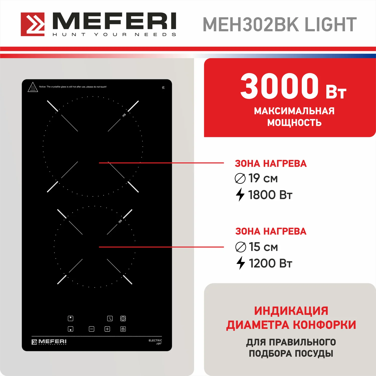 Варочная панель электрическая MEH302BK LIGHT домино 30 см черный