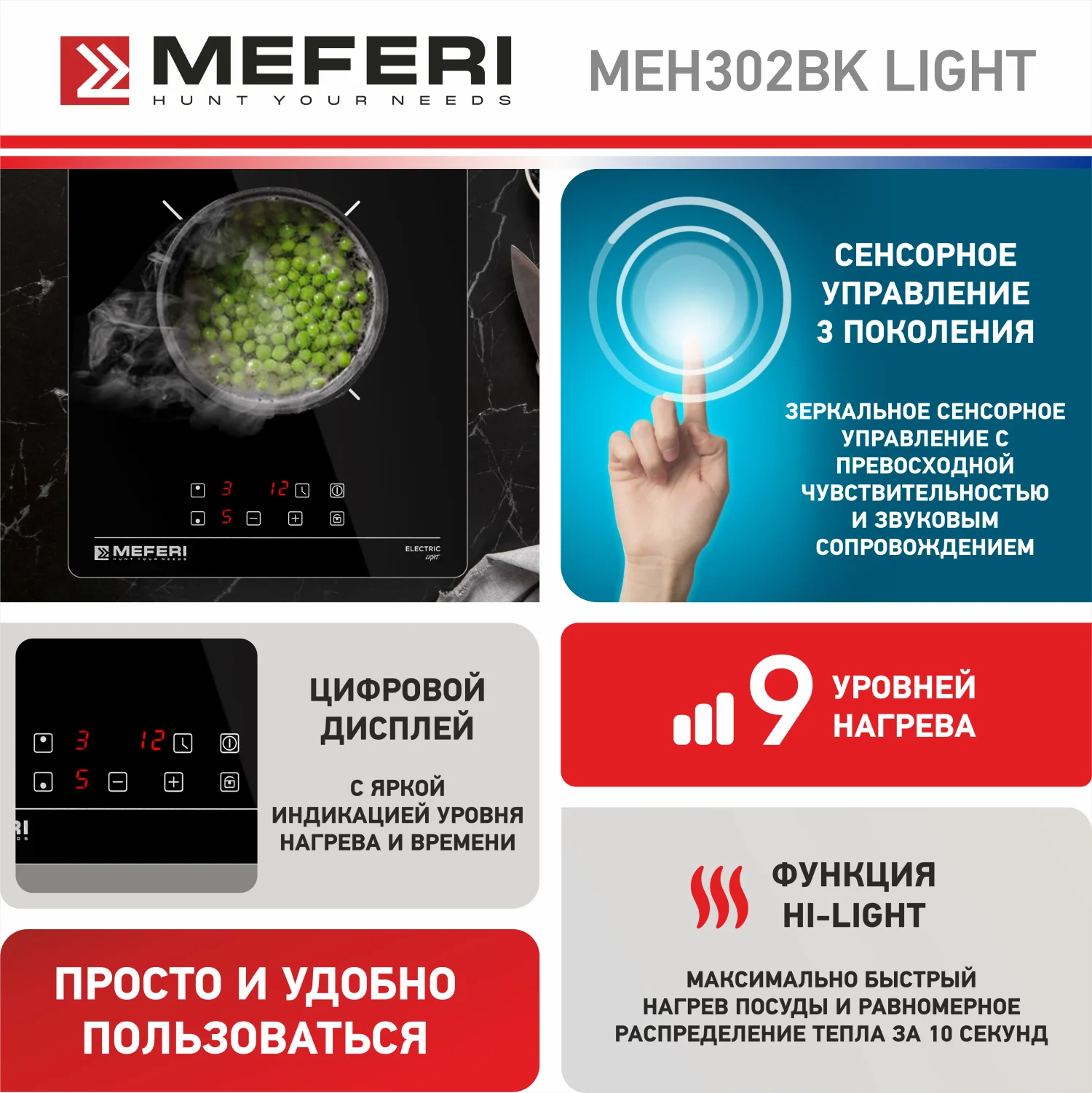 Черный варочная панель электрическая MEH302BK LIGHT домино 30 см черный