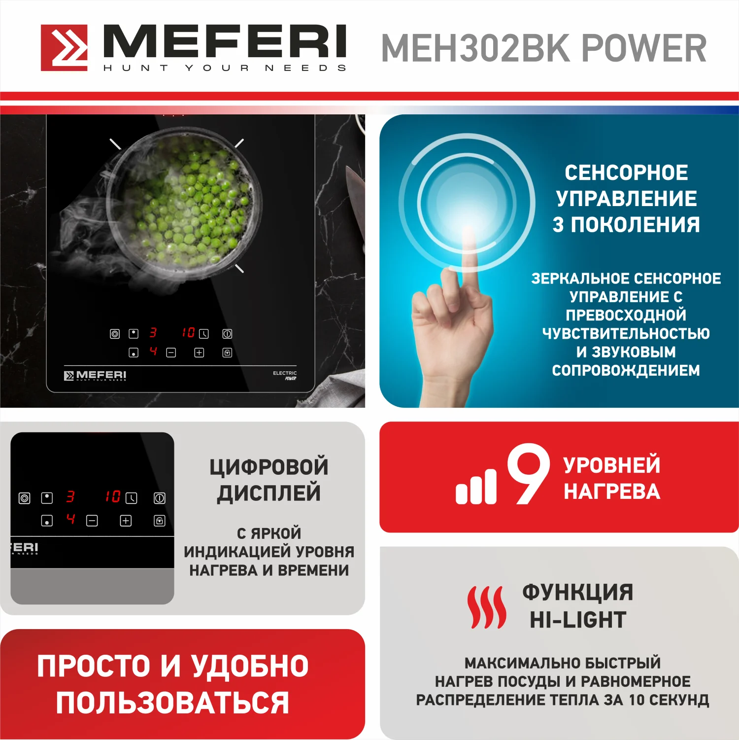 Черный варочная панель электрическая MEH302BK POWER Домино