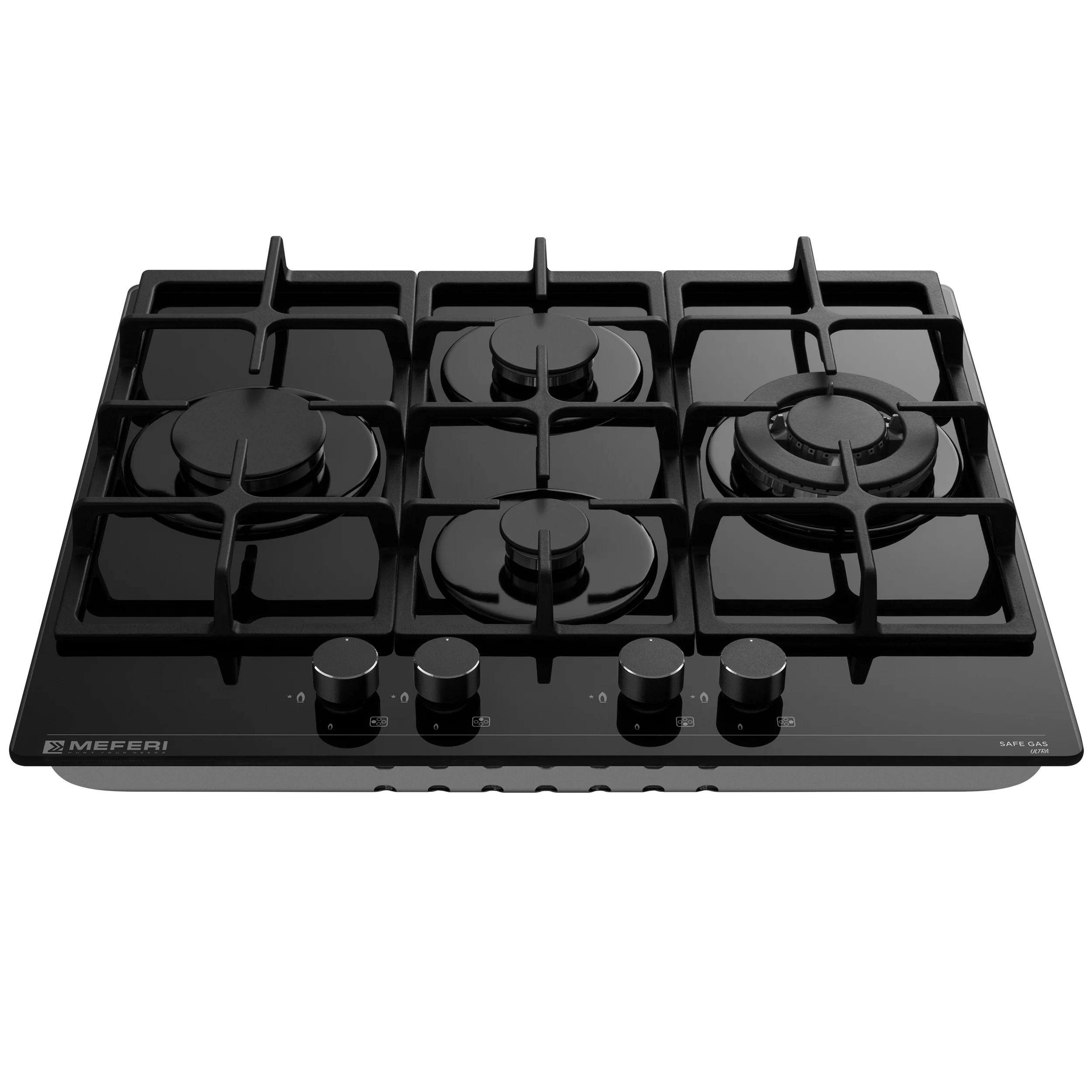 Газовая варочная панель MEFERI MGH604BK GLASS ULTRA, закаленное стекло, 4 конфорки, 60 см
